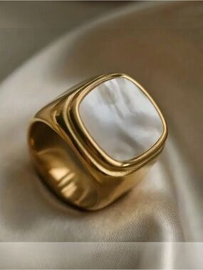 Stainless Steel Square Ring Gold Shell Stone